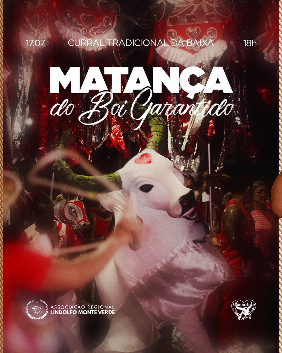 JuridicoRedd's tweet photo. Hoje, 17 de julho, é dia de Matança do Boi no Garantido! 🐮❤️
A tradição encerra a temporada folclórica na Baixa do São José, com a emocionante dramatização do auto do boi de Mestre Lindolfo. O ciclo se fecha com o sentimento e a garra de sempre. ❤️
#Garantido #Parintins #PIN https://t.co/eEzCtrhz7K
