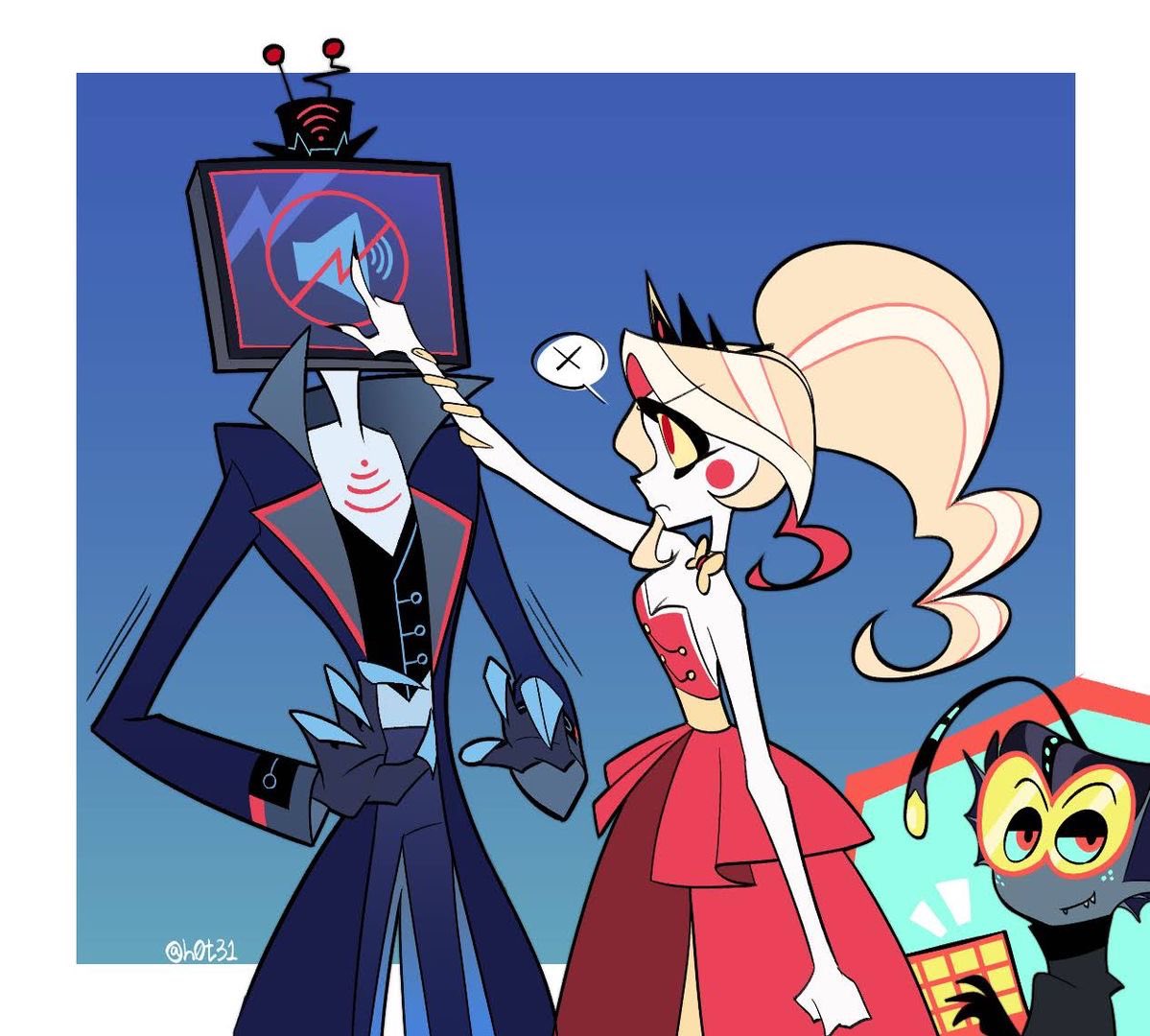 FutureHellQueen's tweet photo. “That does it! Mute button for you buster!”

*Mutes Vox. Baxter showed Charlie where to find his off switch*

Credit to: @/h0t31 https://t.co/eiSLFtUEYQ