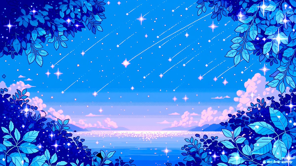 A0_illustration's tweet photo. ＊VTuber向けフリー素材＊            

【星降る湖畔の背景🌌】

流星群がいっぱいでロマンチックです♡

 横型配信用背景です＊
 商用利用もOKっ‼︎     
どなたでもご自由にどうぞっ      
リプをいただけるとうれしいなぁ＊     
 #Vtuber素材 #VTuberAssets https://t.co/kV2S30AlGd