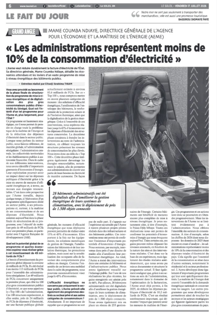 aemesenegal's tweet photo. 𝐑𝐞́𝐝𝐮𝐜𝐭𝐢𝐨𝐧 𝐝𝐞𝐬 𝐝𝐞́𝐩𝐞𝐧𝐬𝐞𝐬 𝐩𝐮𝐛𝐥𝐢𝐪𝐮𝐞𝐬 𝐝’𝐞́𝐥𝐞𝐜𝐭𝐫𝐢𝐜𝐢𝐭𝐞́ : 𝐮𝐧 𝐩𝐫𝐨𝐠𝐫𝐚𝐦𝐦𝐞 𝐝𝐞 𝟒𝟗 𝐦𝐢𝐥𝐥𝐢𝐚𝐫𝐝𝐬 𝐝𝐞 𝐅𝐂𝐅𝐀 𝐞𝐧 𝐬𝐭𝐫𝐮𝐜𝐭𝐮𝐫𝐚𝐭𝐢𝐨𝐧 𝐟𝐢𝐧𝐚𝐥𝐞 𝐩𝐚𝐫 𝐥’𝐀𝐄𝐌𝐄 𝐞𝐧 𝐩𝐚𝐫𝐭𝐞𝐧𝐚𝐫𝐢𝐚𝐭 𝐚𝐯𝐞𝐜 𝐥’𝐀𝐅𝐃.

🔰Dossier d'interview à lire dans la parution du quotidien LE SOLEIL de ce 17/07/2026