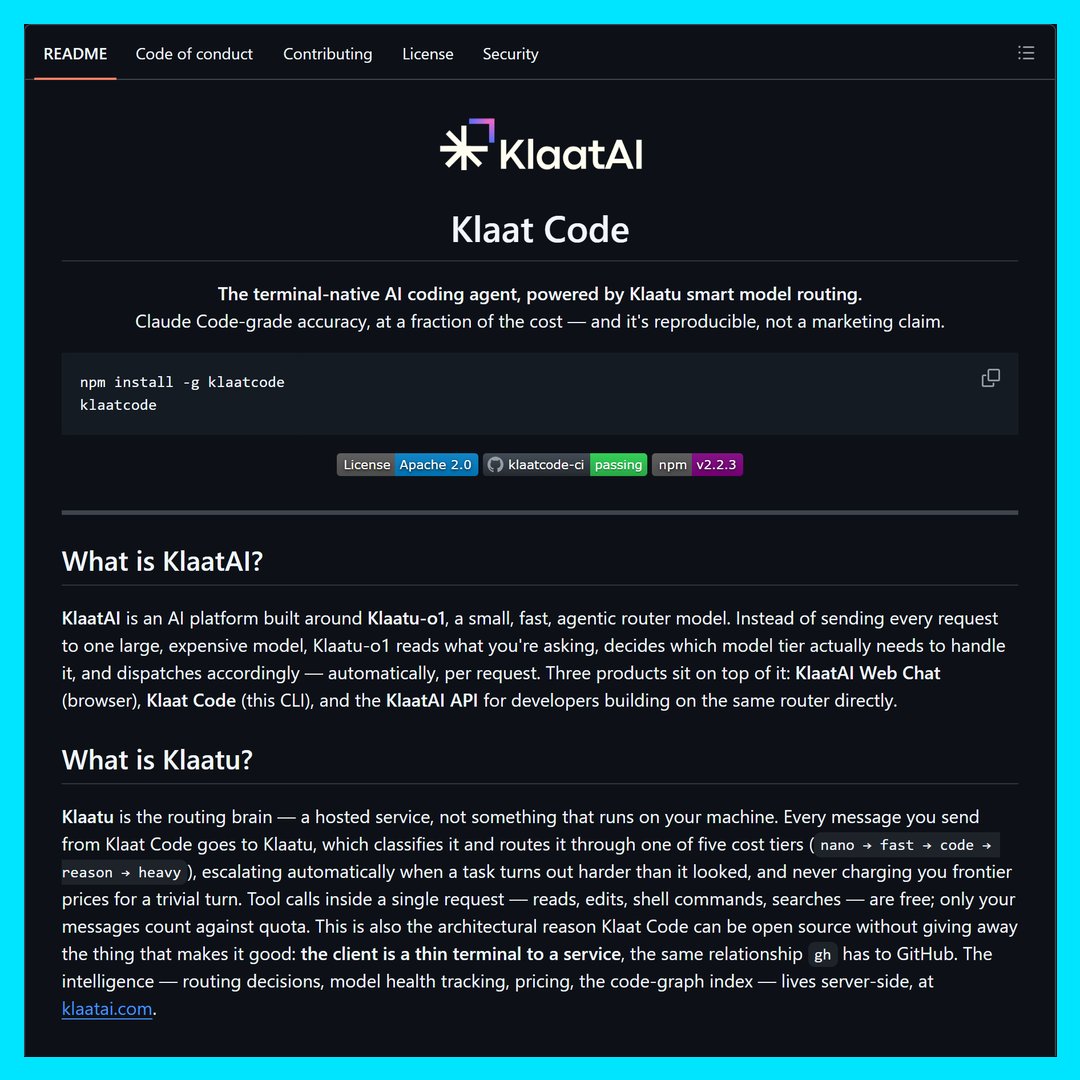SedraLab's tweet photo. 🤖 Terminal tabanlı AI kodlama asistanlarının bilindik sorunu: ya güçlü ama pahalı, ya ucuz ama yetersiz. klaatcode bu dengeyi akıllı bir yönlendirme katmanıyla değiştiriyor.

Her isteğinizi tek bir modele göndermiyor. Arkadaki Klaatu yönlendiricisi, işin zorluğuna göre nano’dan heavy’e beş katman arasında seçim yapıyor. Basit bir tamamlama için pahalı model çalıştırmıyor, karmaşık bir hata ayıklamada en güçlü modeli devreye alıyor.

Kendi benchmark’larında 30 görevde Claude Code ile aynı doğruluğu yakalamış. Ama görev başına maliyet 5.5 kat daha düşük. Asıl önemlisi, aynı testleri repo içindeki `bun run bench` komutuyla siz de çalıştırabiliyorsunuz.

Projenin asıl farkıysa kod tabanınızı bir bilgi grafiği olarak indekslemesi. Dosya okumak yerine symbol, çağrı ve etki sorguları yapıyor; her işte 5 ila 15 kat daha az token harcıyor. Bu, hem hız hem maliyet tarafında doğrudan kazanç demek.

Açık kaynak, tek komutla kuruluyor. Riskli işlemlerde izin istiyor, yazdığı kodu otomatik kontrol edip hatasını düzeltiyor. Terminalde gerçek bir çift programcı gibi çalışıyor.

Repo ilk yorumda.