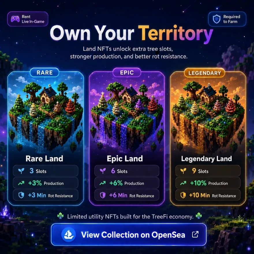 TreeFiApp's tweet photo. 228 TreeFi Lands exist 🌲

That’s it.

✅ Required to farm
⚡ More slots
🌱 Production boosts
🛡️ Rot resistance
💰 Rent Lands  in-game for passive income

Season 1 is live.
Players are grinding.
The forest economy is moving 🔥 https://t.co/weBZOhUBV3
