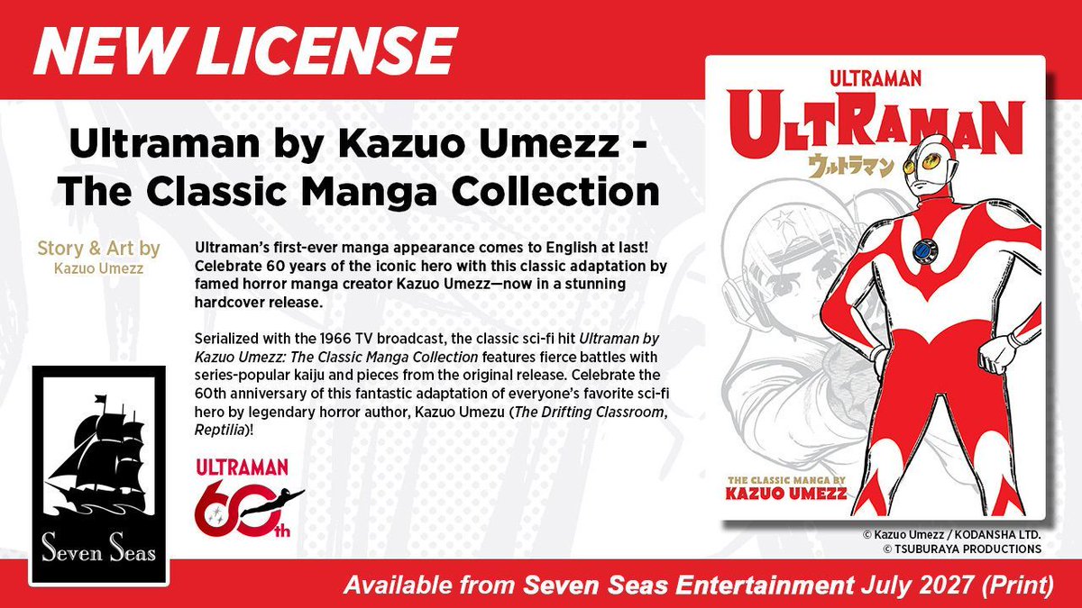 gomanga's tweet photo. Brand-new license announcement! ULTRAMAN BY KAZUO UMEZZ - THE CLASSIC MANGA COLLECTION. Celebrate 60 years of the iconic hero with this original classic manga adaptation by famed horror manga creator Kazuo Umezz—now in a stunning hardcover release.

https://t.co/GZl9jWYdCG https://t.co/uo3oUvRZAf