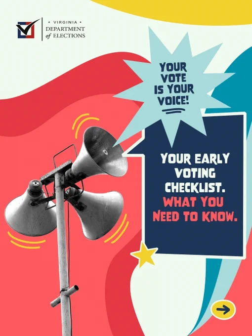 Two loudspeakers on a pole with a colorful background and text urging voters to check early voting information.