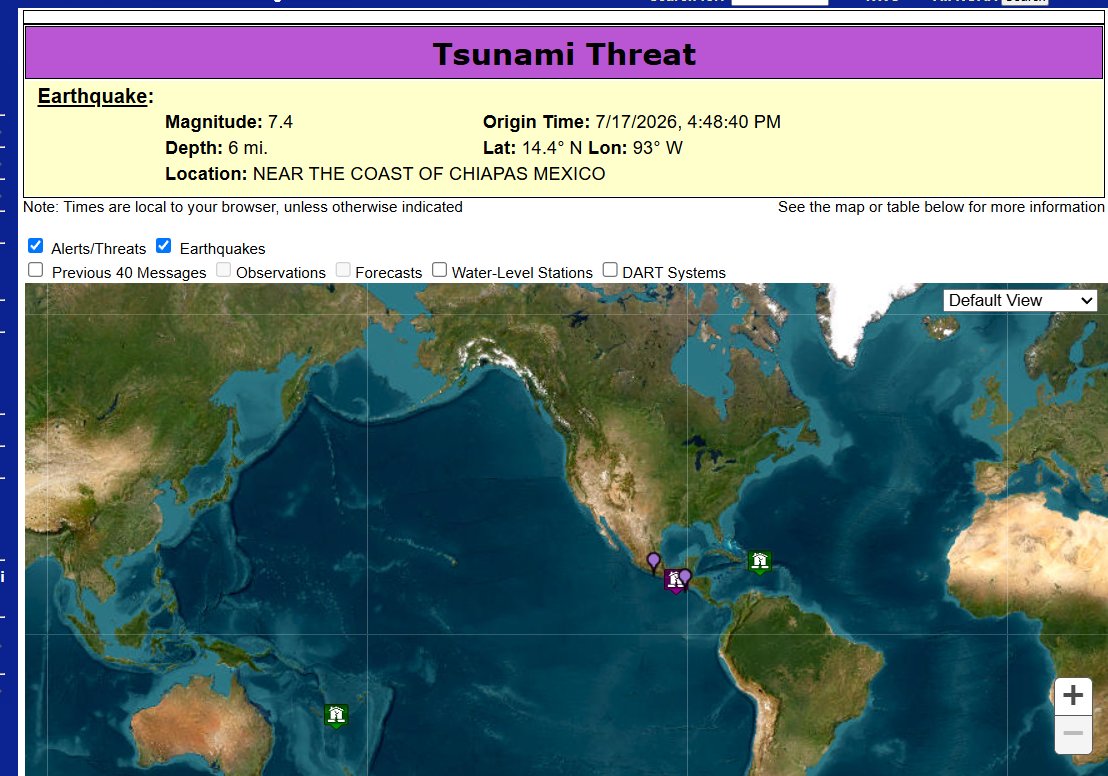 FaytuksWeather's tweet photo. According to the U.S. Tsunami Center, a magnitude 7.4 earthquake has struck near the Chiapas region of Mexico at 10km depth, prompting a potential tsunami threat. https://t.co/k1EzySTd9J