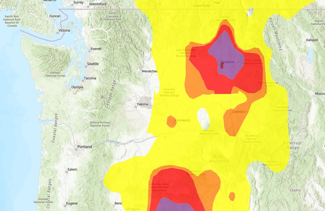 PHINCD's tweet photo. #airquality for much of our region is in the unhealthy &amp; unhealthy for sensitive groups categories.  Take precautions if you need to go outdoors today. For up-to-date info: Air Quality Index - Idaho Department of Environmental Quality https://t.co/lBy6CoqzSG