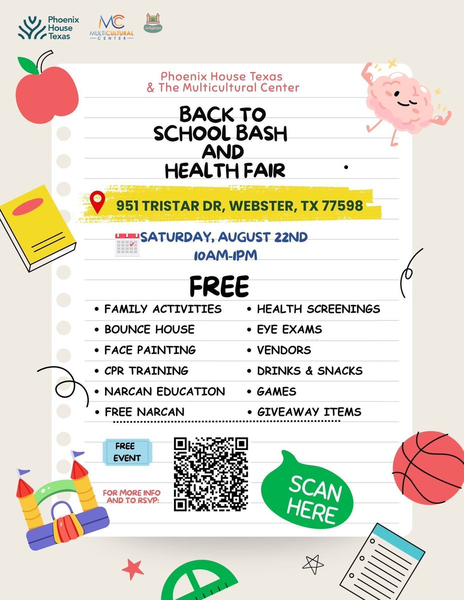 PH_Texas's tweet photo. Join #PHT & the Multicultural Center for our 3rd annual #BackToSchool Bash & #HealthFair on 8/22/26. This free #event will bring together community organizations to provide health resources, school supplies, & fun activities to local families. See you there! #PositivePrevention https://t.co/ja5OISjRg7