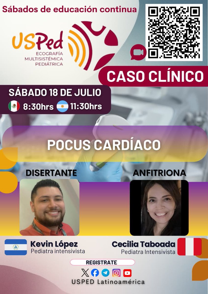 USPed_Latam's tweet photo. Sábados de Caso Clínico presenta:
"POCUS Cardíaco" 🔊🏥

Casos clínico reales, que te llevan a entender el lugar del US. ♥️👶🏻

Disertante: @dr_joselopez🇳🇮
Anfitrión: Cecilia Taboada🇵🇪

📲Acceso en el QR
USPed | Comunidad de #POCUS #Pediátrico https://t.co/aayUsy0SxX