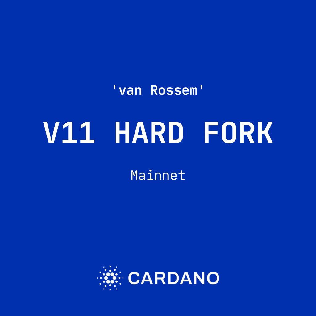 Cardanians_io's tweet photo. NEWS: Cardano V11 (van Rossem) hardfork is scheduled for TOMORROW at 21:45 PM UTC.

- 93%+ of the blocks produced are already under V11
- 84% exchanges, by liquidity, are ready

It'll deliver new Plutus capabilities, faster/cheaper smart contracts, and protocol prep for Leios. https://t.co/d2GeiT4jU5