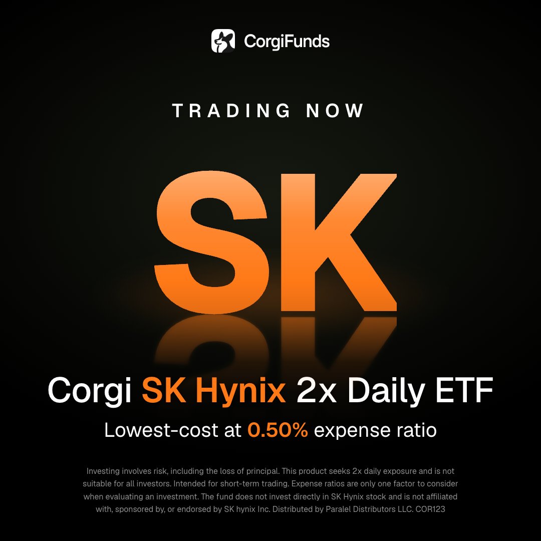 CorgiFunds's tweet photo. Want lower-cost 2x SK Hynix $SKHY exposure? 

The Corgi SK Hynix 2x Daily ETF, $SK, has the lowest net expense ratio of any 2x SK Hynix ETF, at 0.50%

Learn more at https://t.co/tk9TRLhbEe https://t.co/HyZcjAVkPA