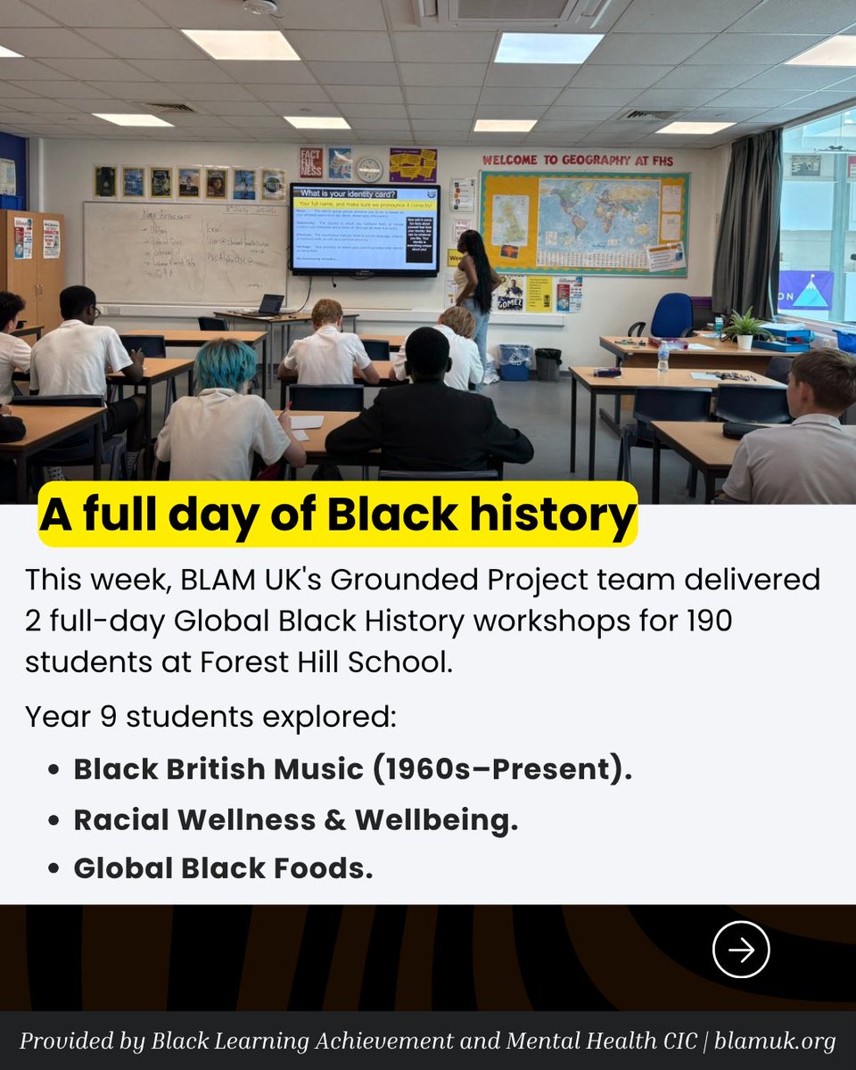 BLAMCharity's tweet photo. This week, BLAM UK’s Grounded Project delivered two full-day Global Black History workshops for 190 Year 9 students at Forest Hill School.

Bringing Black history to life in classrooms all year round.

#BlackHistory #BlackHistoryisBritishHistory https://t.co/sLDF04S37V