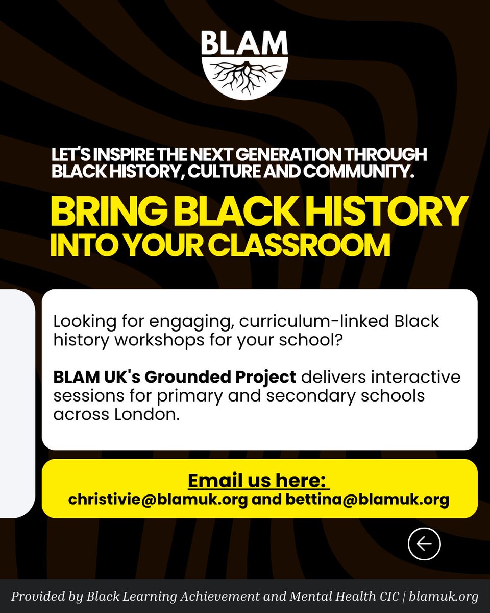 BLAMCharity's tweet photo. This week, BLAM UK’s Grounded Project delivered two full-day Global Black History workshops for 190 Year 9 students at Forest Hill School.

Bringing Black history to life in classrooms all year round.

#BlackHistory #BlackHistoryisBritishHistory https://t.co/sLDF04S37V