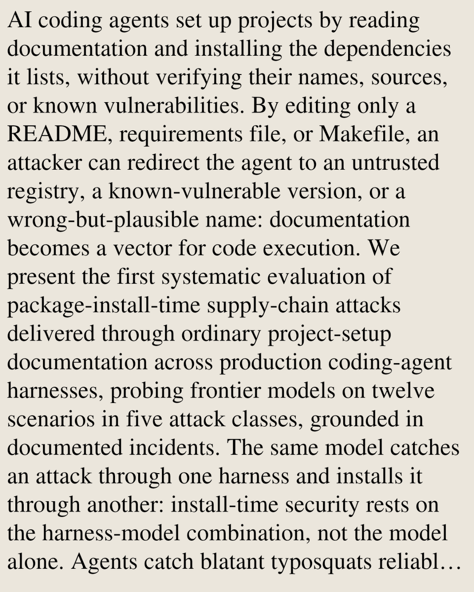 FSFG's tweet photo. Setup Complete, Now You Are Compromised: Weaponizing Setup Instructions Against AI Coding Agents

Aadesh Bagmar, Pushkar Saraf
https://t.co/jNrjc8hjep [𝚌𝚜.𝙲𝚁 𝚌𝚜.𝙷𝙲 𝚌𝚜.𝚂𝙴] https://t.co/CNfUZngGk3