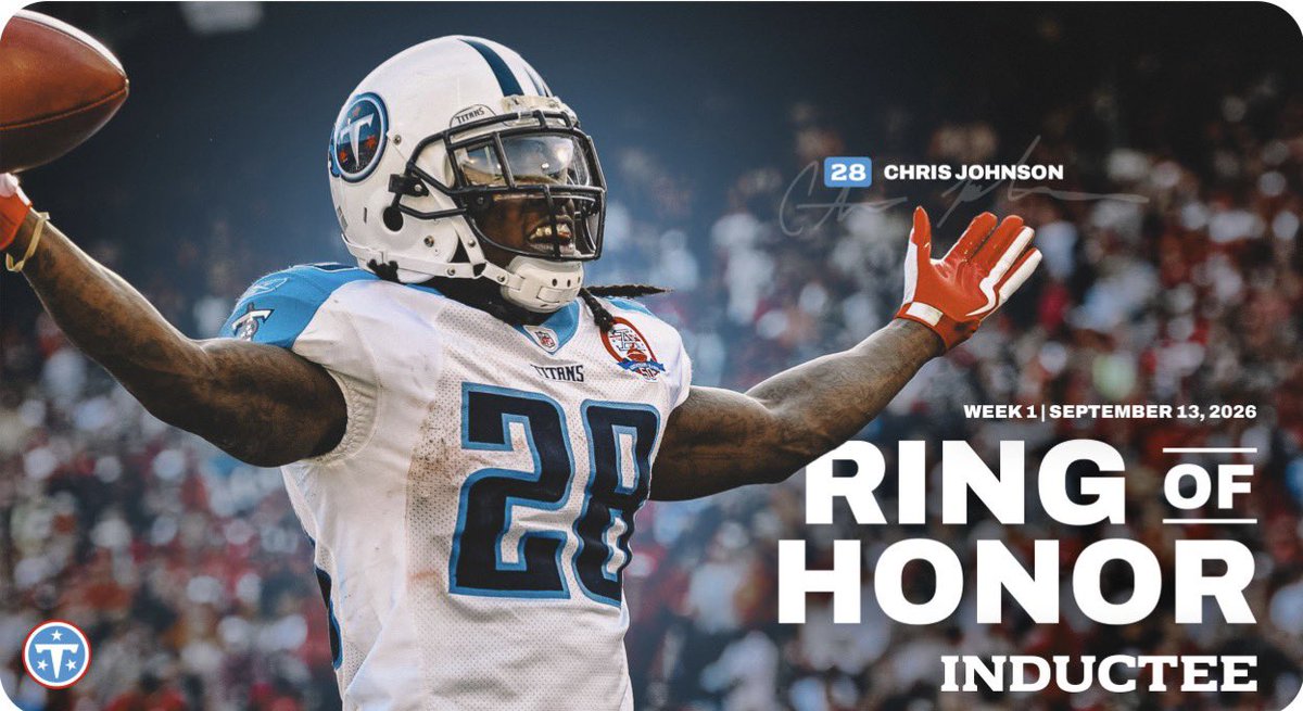 jwyattsports's tweet photo. Former @Titans RB
@ChrisJohnson28 to be inducted into franchise's Ring of Honor. 

The ceremony will take place during halftime of the season opener vs the
@nyjets at @NissanStadium
on Sept. 13. 

STORY https://t.co/Hy4tLVumYK https://t.co/CY6JGvp2tm