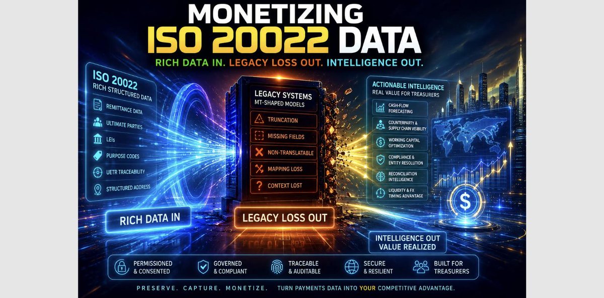 michaelstanat's tweet photo. Banks finished the ISO 20022 migration. The real prize is what comes next: preserving, capturing, and monetizing structured payment data before legacy systems strip it: https://t.co/lbqB4Mh74b https://t.co/qBBvx7UwHs
