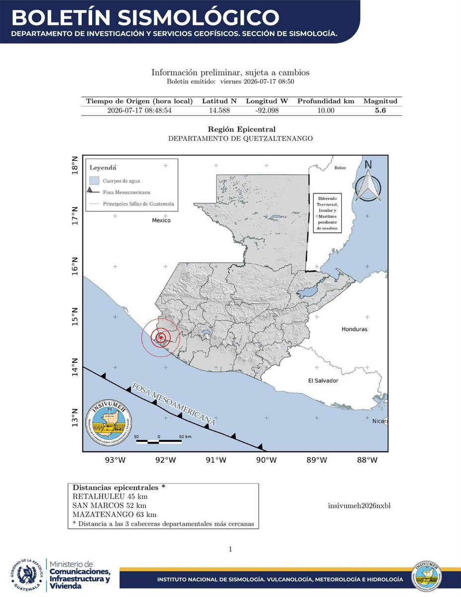 _ojoconmipisto's tweet photo. #TemblorGT Sismo de magnitud 5.6 sacudió el país a las 8:48 a. m. de este viernes, con epicentro en Quetzaltenango. El movimiento fue sensible en varios departamentos. @ConredGuatemala recomienda mantener la calma, evacuar hacia puntos seguros y seguir fuentes oficiales. https://t.co/nQrCq3QLgw