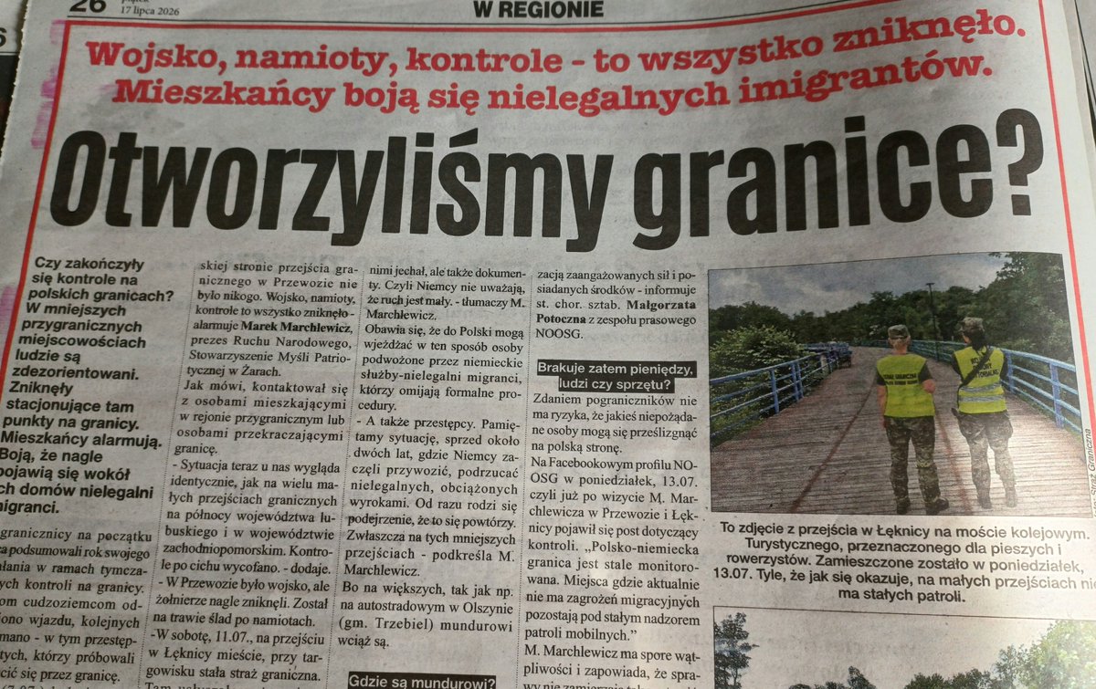 Marek1814's tweet photo. Dziś w Gazecie Regionalnej ukazał się artykuł o sytuacji na granicy, który powstał po moim sygnale i osobistym sprawdzeniu przejść w Przewozie i Łęknicy. W tekście jasno pokazano, że na małych przejściach kontrola nie istnieje, mimo oficjalnego przedłużenia kontroli do 1.10.2026. https://t.co/B54jA4g0d5