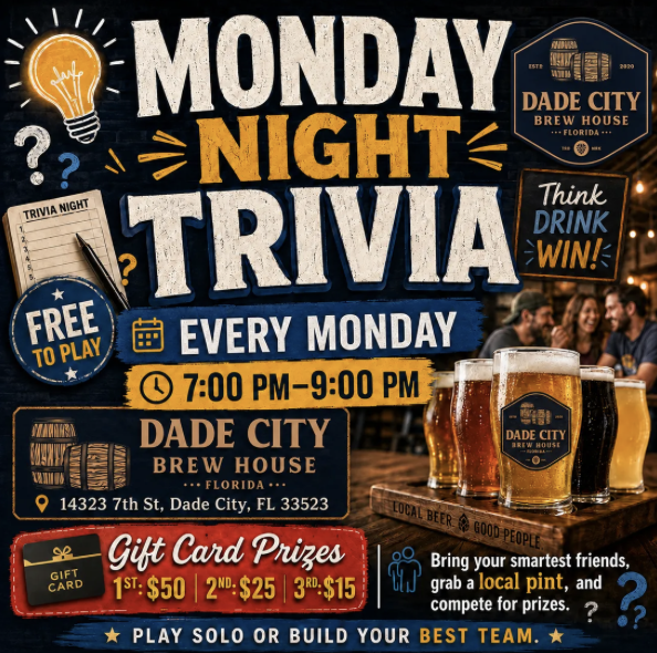 BrewsFlorida's tweet photo. Bring your smartest friends, grab a local pint, and compete for gift cards during a fun Monday night trivia showdown at Dade City Brew House. https://t.co/DrfnkOsq5l