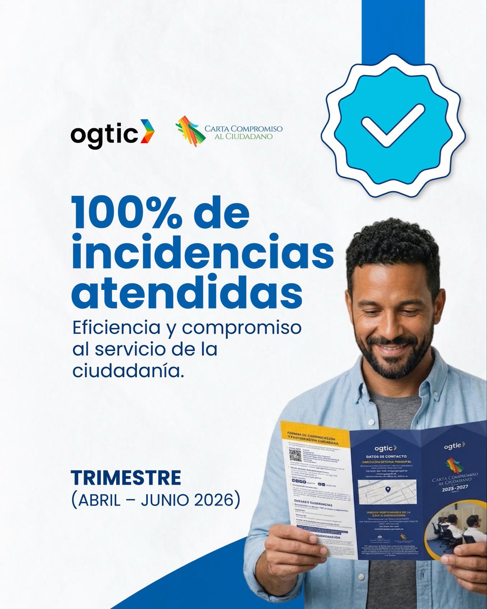 OGTICRDO's tweet photo. Compromiso demostrado con resultados 📊.

En el período abril -junio de 2026, consolidamos una gestión orientada a la eficiencia, la mejora continua y la calidad en los servicios.

Estos avances reflejan nuestro compromiso con una atención oportuna. Haz clic para ver la publicación completa: https://t.co/JJyLMIMMdG

#EdgarBatista #OGTIC #ServicioAlCiudadano