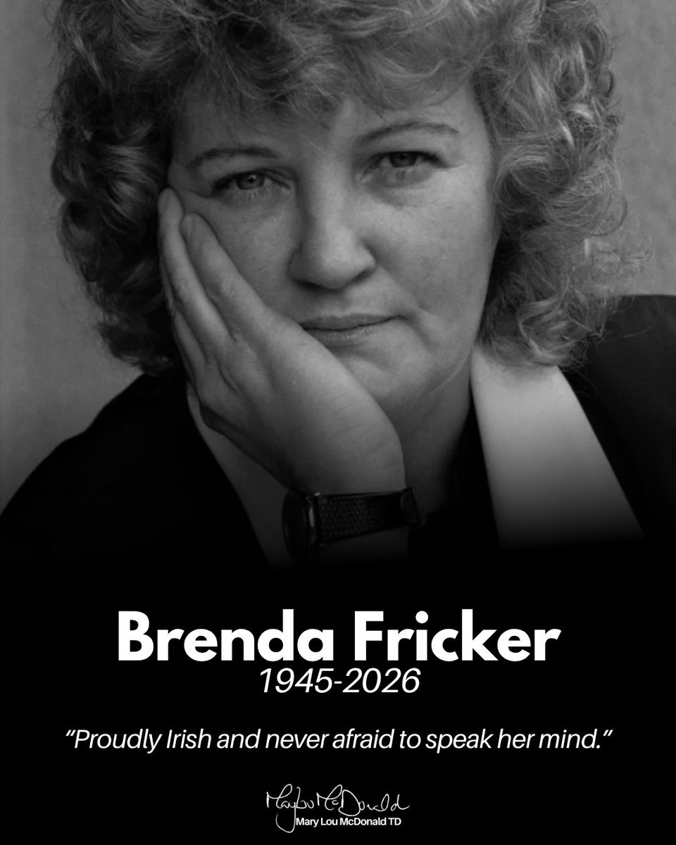 MaryLouMcDonald's tweet photo. Deeply saddened to hear of the passing of Brenda Fricker. 

Brenda’s extraordinary talent, warmth and wit brought Irish stories and characters to audiences across the world. 

The first Irish woman to win an Academy Award, she played so many unforgettable roles on stage and screen, she carried herself with humility and immense grace. She cared about people. She was a courageous and compassionate advocate for mental health. 

Proudly Irish and never afraid to speak her mind, Brenda leaves behind a remarkable artistic legacy that will endure for generations.

My thoughts are with her family, friends, colleagues and all who loved and admired this remarkable woman.

Ar dheis Dé go raibh a hanam.