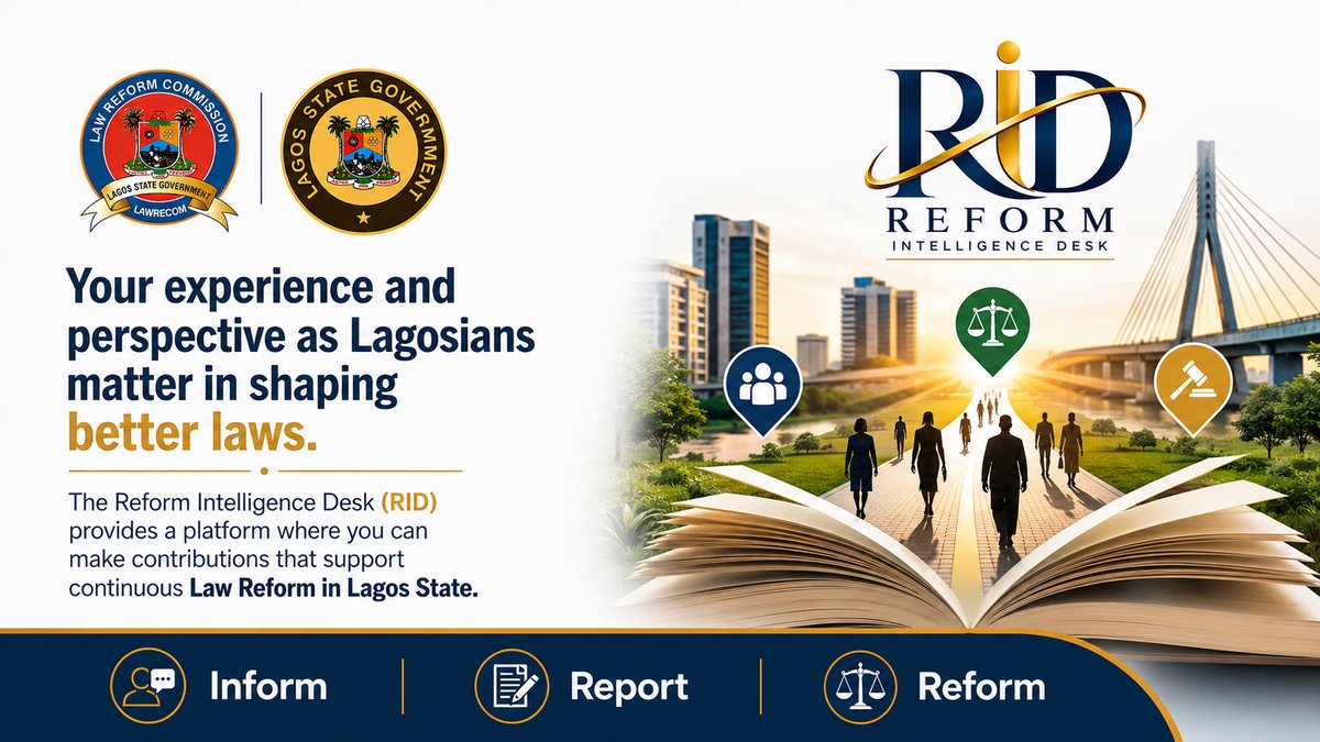 Lagos_LawReform's tweet photo. Your experience and perspective as Lagosians matter in shaping better laws.

The Reform Intelligence Desk (RID) gives you a platform to contribute — so that continuous law reform truly reflects the realities of our people.

Inform. Report. Reform.

What’s one area of law or policy you believe needs urgent attention in Lagos? 

Share your thoughts below 👇

#LawReform #RisingLagos #ReformIntelligenceDesk
@lagosstategov @LagosMoj @followlasg @gbenga_omo @Lagosdsva @Mr_JAGs