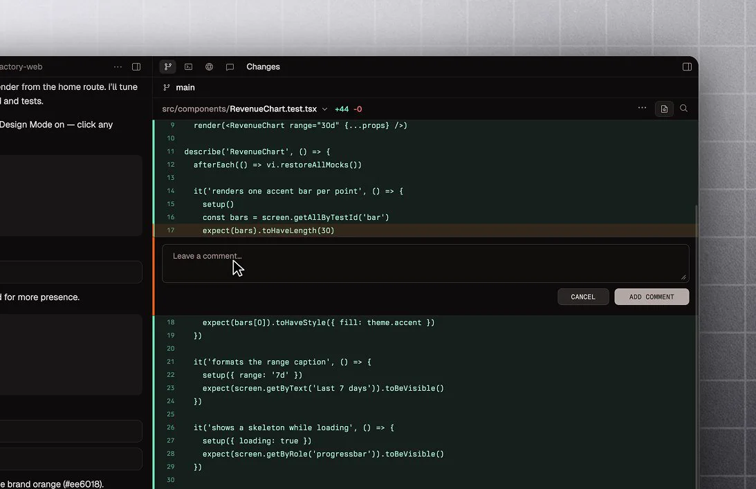 A code editor displays a testing script for a RevenueChart component, including function definitions and expectations for rendered elements.