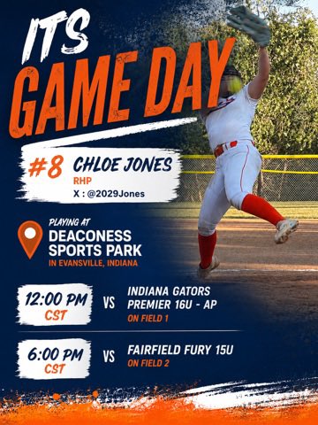 2029Jones's tweet photo. Today we finish our season strong at Deaconess Sports Park in Evansville and will be competing against strong competition in the 16U bracket. We play at 12 and 6 today and bracket starts Saturday. 

@Gators14Luikart @kaLuikart33 @CoachPena_BSU @CoachStanton @CoachMFrezzotti @CoachLarissaA