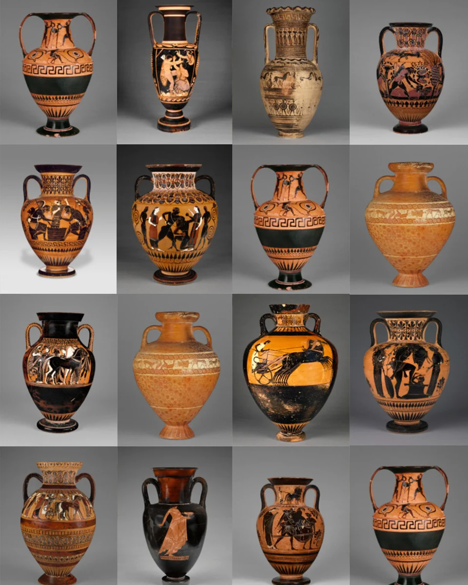 Collage of ancient amphorae in Getty Villa museum's collection