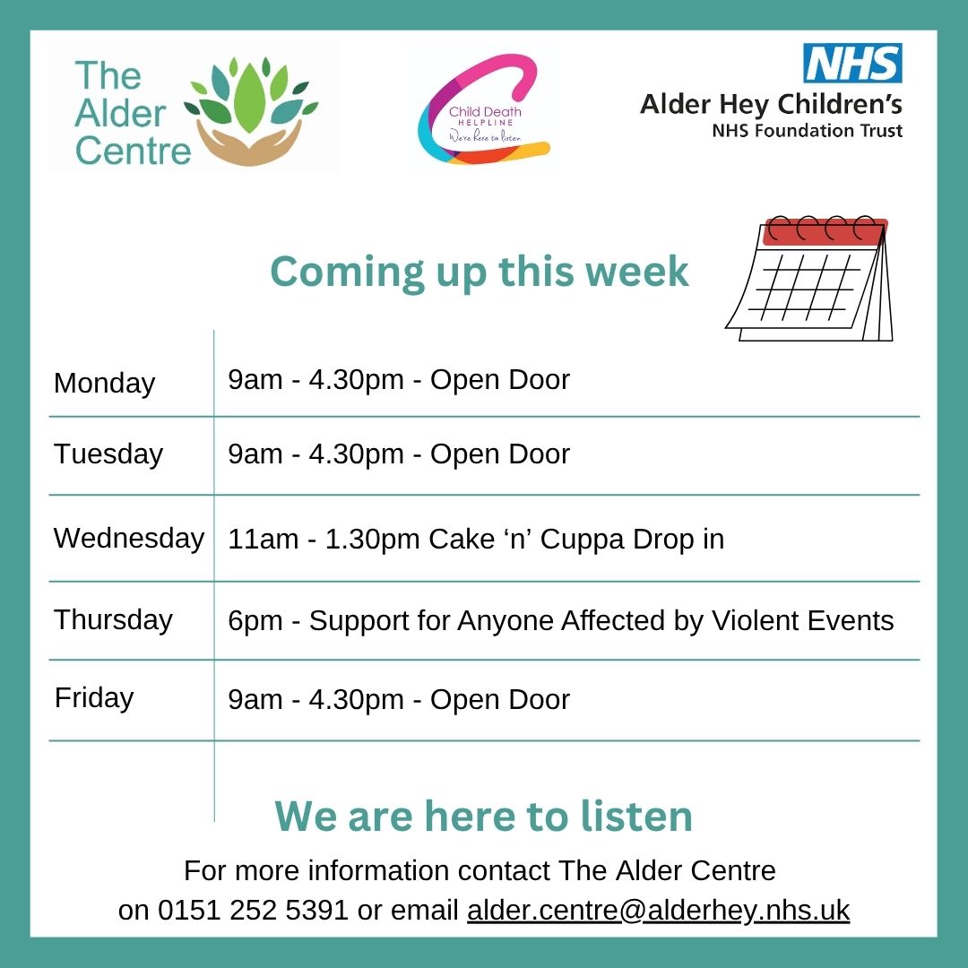 AlderCentre's tweet photo. As we are coming into the summer holidays some of our services are off but new summer activities are on, including children's day camps. Please follow us for more or email us for more info alder.centre@alderhey.nhs.uk
This week Cake 'n' Cuppa on Wednesday and SAVE on Thursday https://t.co/3QCLtlhIY2