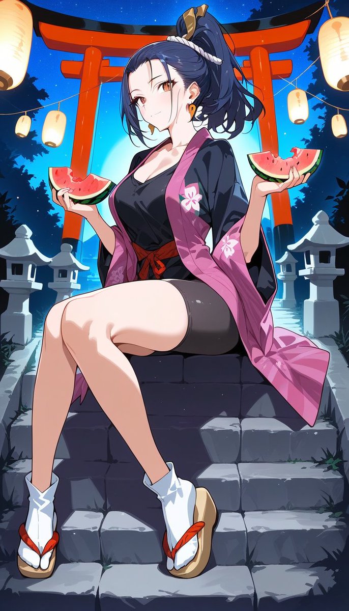 AI夏のいきなりポニテ祭2026 最終日参加します。 神社の境内でスイカ