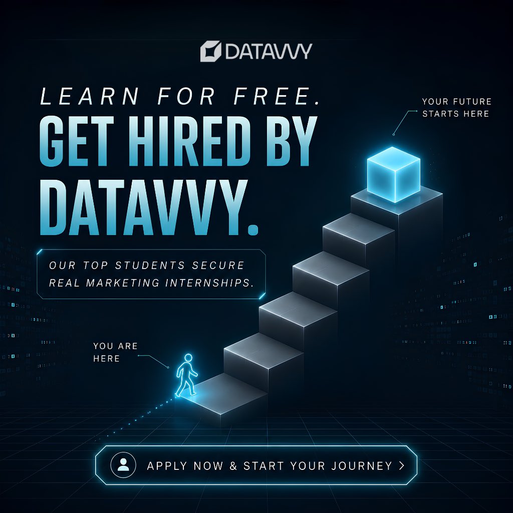 Datavvy's tweet photo. Learn for free. Get hired by Datavvy. 📉➡️📈

Our free marketing program builds your skills from the ground up, and our top students secure real marketing internships.

Your future starts here. Apply now! 👇

#MarketingCareers #Internships #EdTech #Datavvy https://t.co/rZ4HEIrEOl