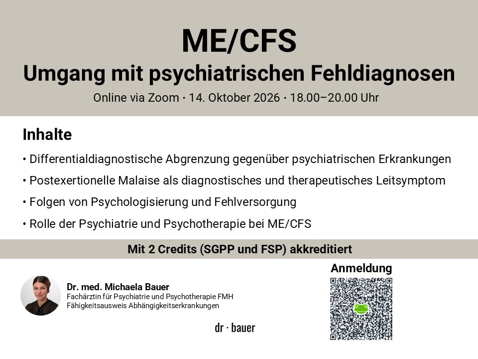 DrMichaelaBauer's tweet photo. Fortbildung zu ME/CFS und psychiatrischen Fehldiagnosen.

Akkreditiert durch FSP und SGPP (2 Credits).

Für Ärzt:innen, Psycholog:innen, Psychotherapeut:innen und weitere Fachpersonen.

Anmeldung:
https://t.co/ZpYlAZ8v0y

#MECFS #LongCovid https://t.co/izILbkEKJO
