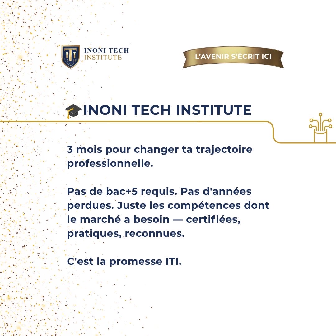 inonitech's tweet photo. 3 mois pour changer de trajectoire professionnelle.

Pas de bac+5. Pas d'années perdues. Juste les compétences que le marché recherche — certifiées, pratiques, reconnues.

C'est la promesse ITI. 🎓

#InoniTechInstitute #FormationPro #Cameroun https://t.co/Dw2U2rnlPF