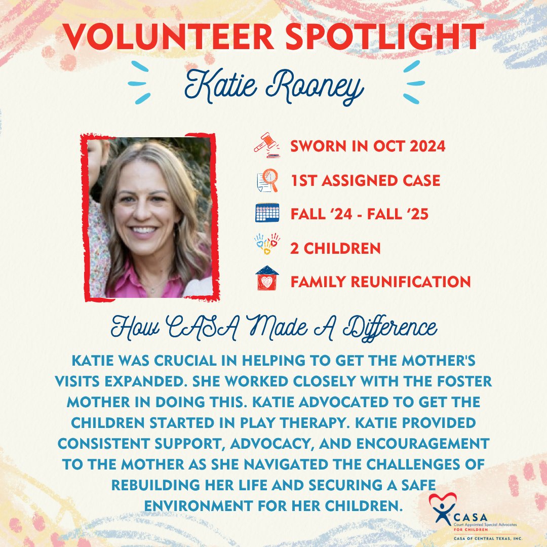 CASACenTex's tweet photo. Taking a moment to shine a spotlight on one of our awesome volunteers--thank you for your dedication, Katie. Katie also serves as an active member of our Advisory Council!

 Learn more about how to #becomeacasa by signing up for a Voices Info Session: https://t.co/VBwKt4kaGp https://t.co/1CfvbbnbB6