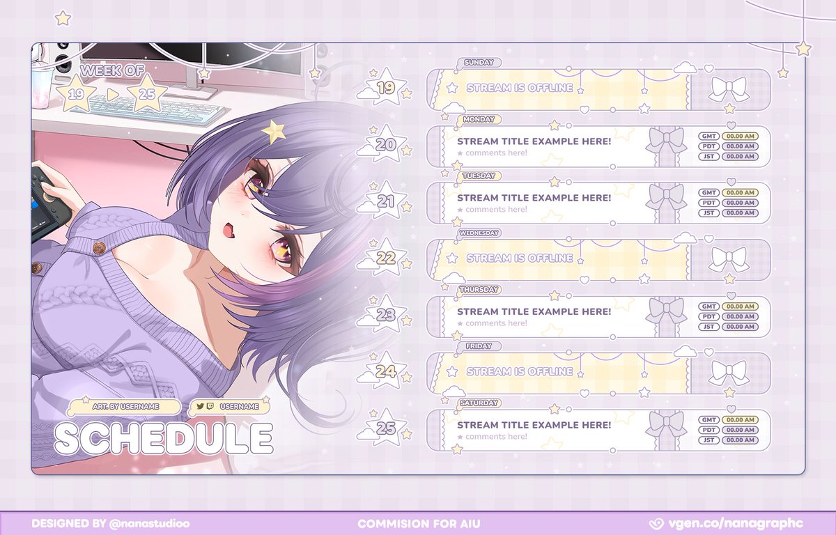 nanagraphc's tweet photo. 【✦  client work ✦】 
vtuber schedule for
@aiuchuwu 

♡ + ↻ are appreciated!

#vtuber #vgencomm https://t.co/H6gDA0VhGt