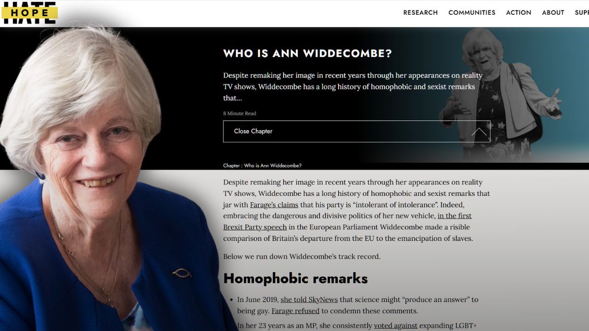 RWTaylors's tweet photo. Hope not hate disgusting slurs on Anne Widdecombe remove the page, we have the receipts! https://t.co/HCsJICgzmO