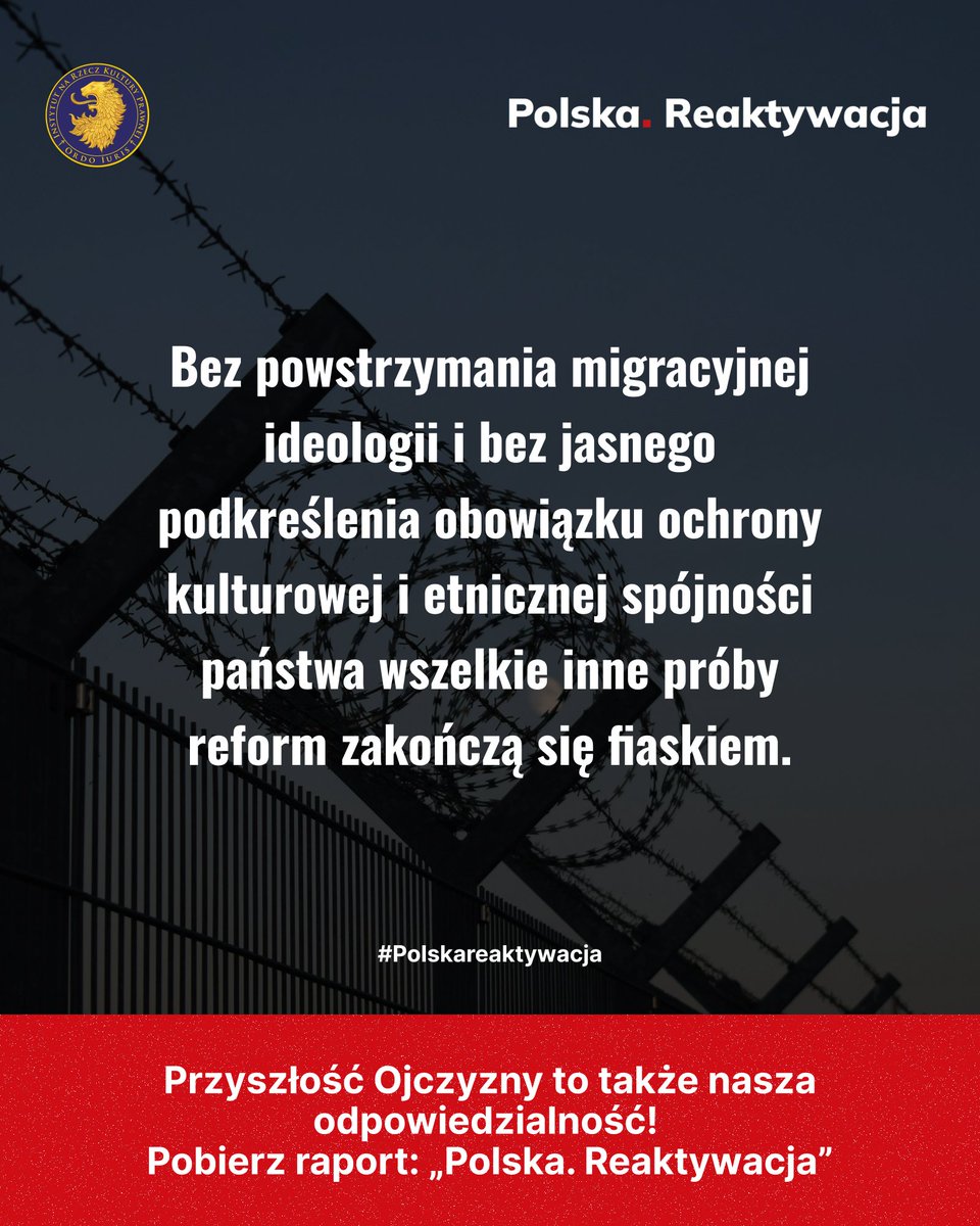 OrdoIuris's tweet photo. Żadna reforma państwa nie powiedzie się, jeśli zabraknie jej fundamentu — ochrony wspólnoty, która to państwo tworzy.

„Bez powstrzymania migracyjnej ideologii i bez jasnego podkreślenia obowiązku ochrony kulturowej i etnicznej spójności państwa wszelkie inne próby reform zakończą się fiaskiem".

O tym, jak realnie odbudować Rzeczpospolitą, piszemy w publikacji „Polska. Reaktywacja".
👉 https://t.co/lMWAi4xpq1