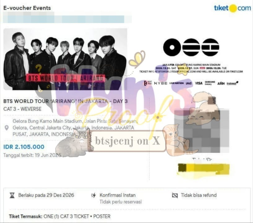 btsjecnj's tweet photo. [DI BACA SAMPAI BAWAH] 

want to sell wts BTS ARIRANG IN JAKARTA -  CAT 3 DAY 3 :  1 tix = Rp. 2.612.000

- harga sudah termasuk fee platform, fee jaswar, fee penukaran e-ticket menjadi wraistband.
- full payment & serious buyer only.
- tidak akan share identitas apapun tapi akan masuk grup WA yang isinya temen-temen army yang sudah take tiket di aku.
- e-ticket yang diberikan berupa screenshot dengan barcode dan id ticket yang di blur ( menghindari error ketika penukaran tiket makanya yg pegang e-ticket asli hanya aku)

reply tweet ini selama masih bisa, besok jam 13.00 akan di info ❤️🙏 terima kasih