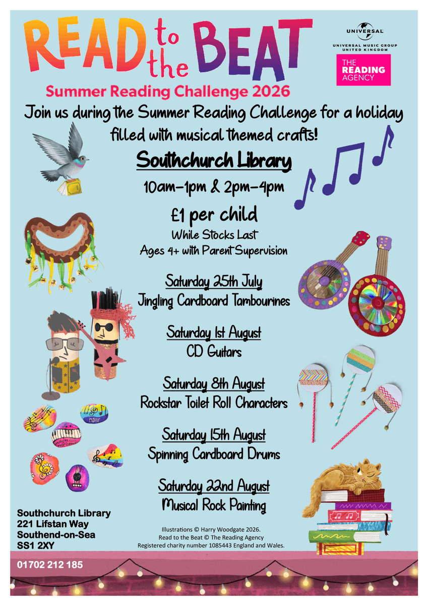 southendlibrary's tweet photo. #Southchurch Library's schedule of #Craft events for the #SummerHolidays begins on Saturday 25th July with Jingling Cardboard Tambourines. 🥁🎷🎻🎸🎺📯
Make a note 🎶 - we hope you'll jingle along with us! 🌞 https://t.co/jRiO3LPCDe
