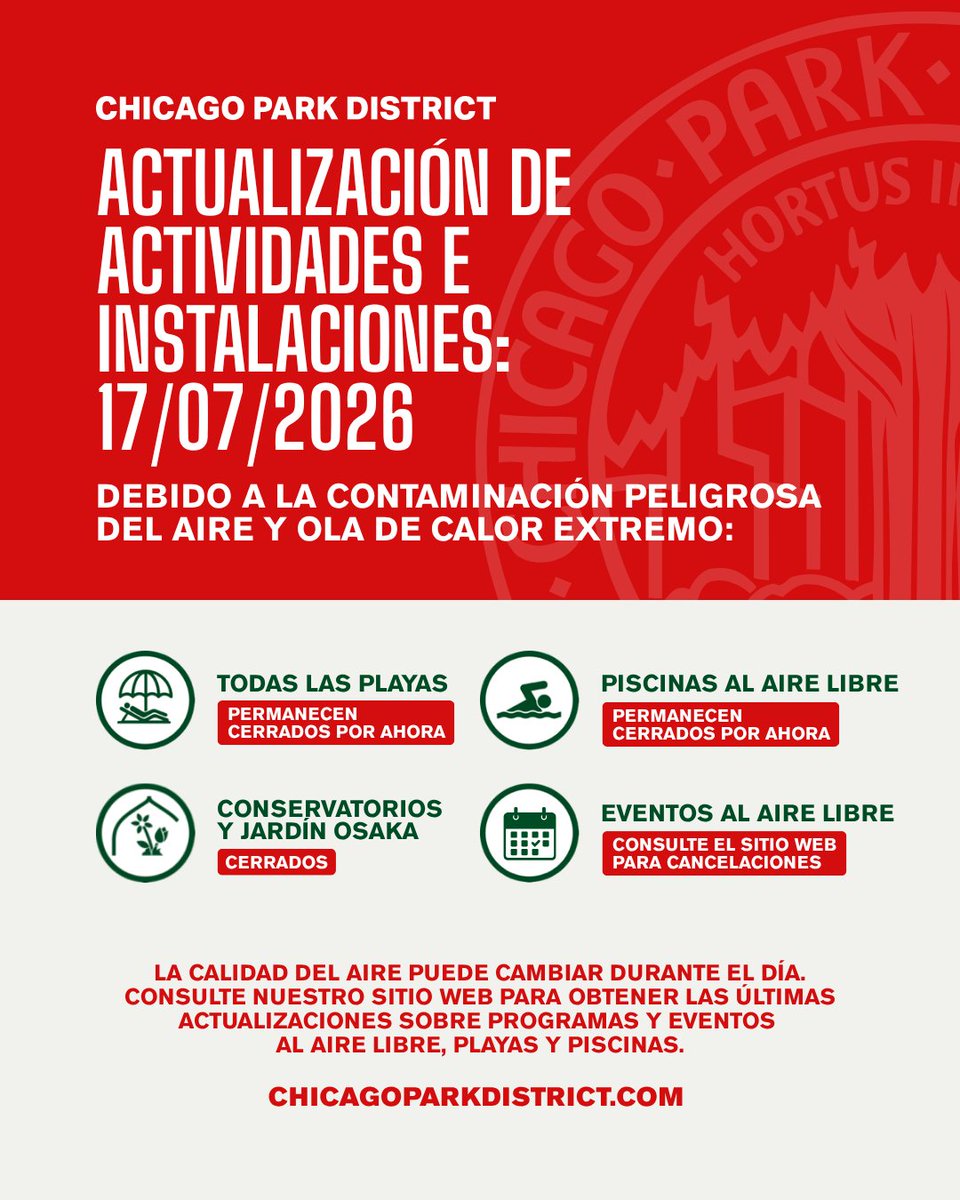 ChicagoParks's tweet photo. ⚠️ Actualización de Programas e Instalaciones 17/07/2026: La calidad del aire sigue peligrosa. Los programas serán en interiores. Se cancelan programas/eventos al aire libre esta mañana. Playas y piscinas al aire libre cerradas hasta nuevo aviso. Más info: https://t.co/9on1G8iK78 https://t.co/RSYQgbyDUp
