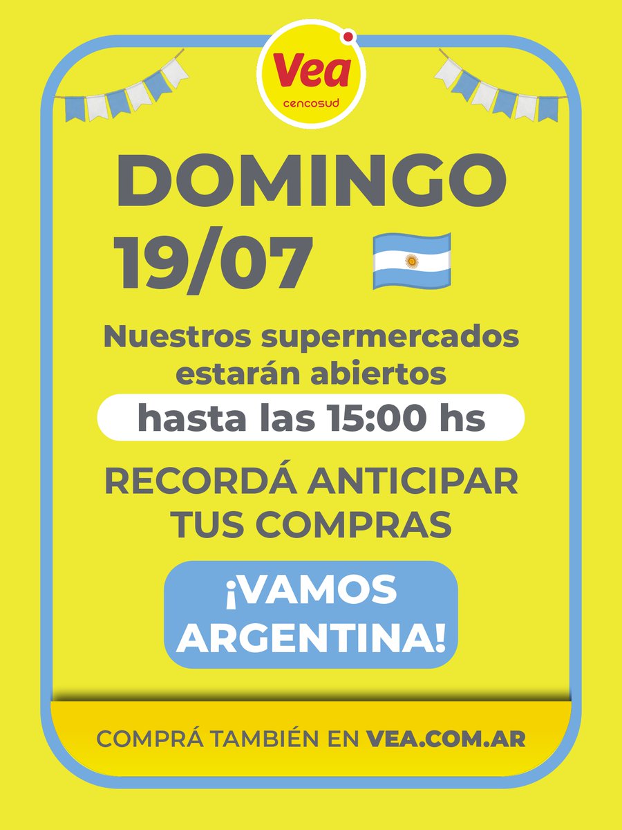 veasuper's tweet photo. 🇦🇷 El plan del domingo ya está definido: alentar a la Selección.

Las medialunas, la pasta frola, las galletitas para la merienda y todo lo que no puede faltar... mejor resolverlo antes. 😉

🛒 Recordá que este domingo 19/07 nuestras sucursales estarán abiertas hasta las 15 hs. También podés hacer tus compras en https://t.co/3tUjGIA26i

¡Vamos Argentina! 💙🤍