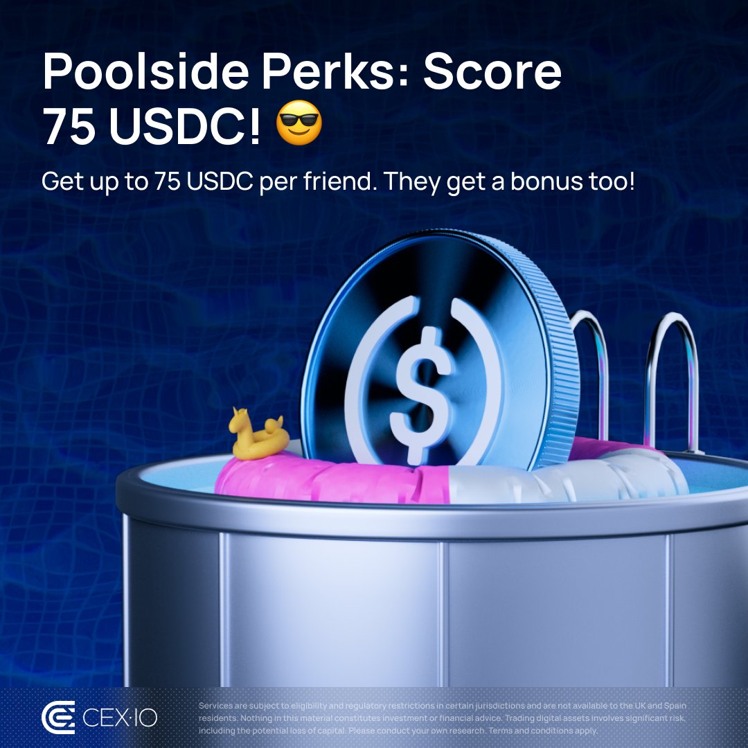 cex_io's tweet photo. ☀️ CEX•IO July referral promo is live.

Invite a friend → they make a $100+ purchase or deposit → you BOTH get up to 75 USDC 💸

Crypto deposits also qualify in select countries.

🗓️ Available July 17–30. Limited spots.

Learn more 👉 https://t.co/cEhRhRNJzy https://t.co/Dm6LXxvpI7