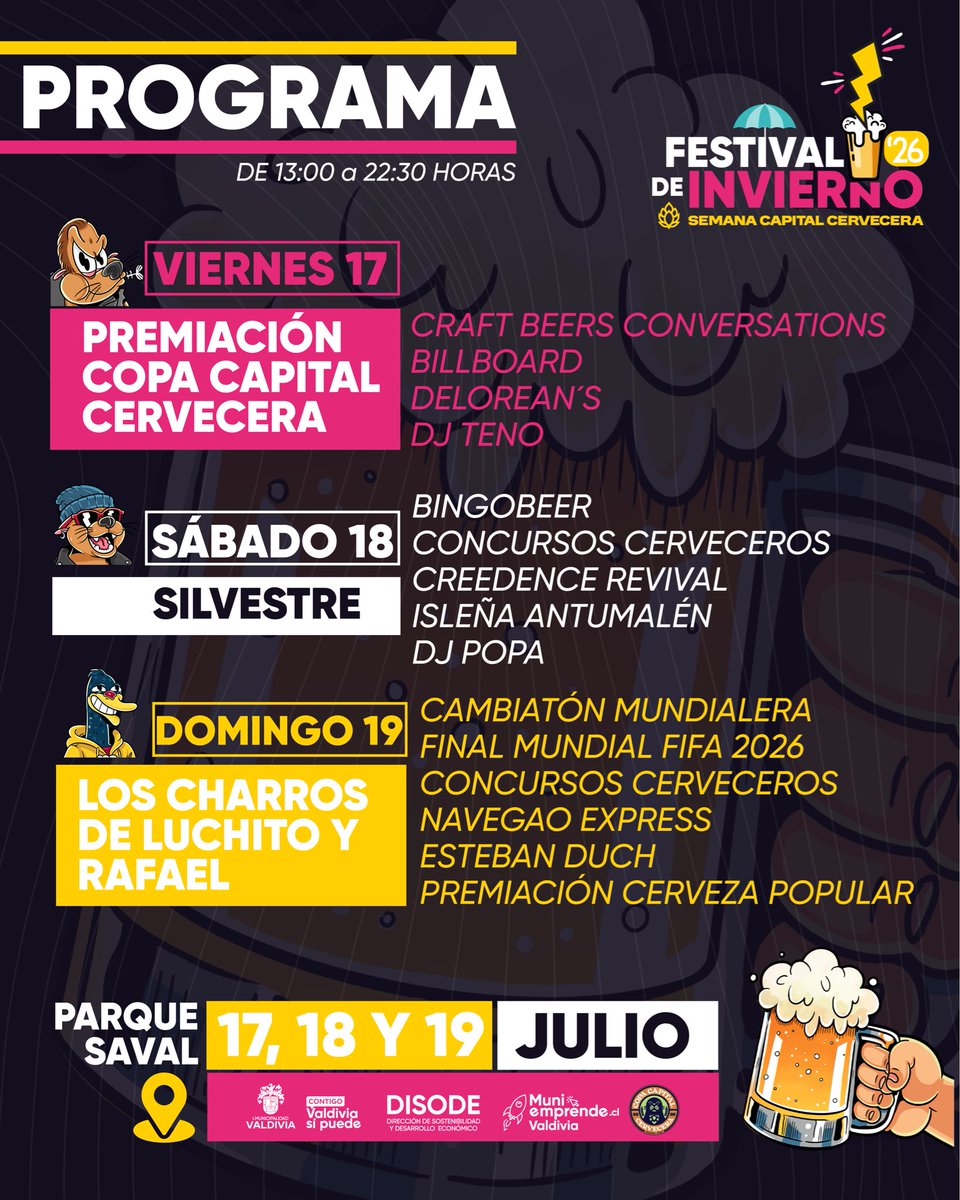 munivaldivia's tweet photo. ❄️🍻 ¡Line-up Festival de Invierno! #Valdiviacl

El Parque Saval será el epicentro de la música, la cultura cervecera y la entretención 🎶🔥

Y el domingo ⚽ Final del Mundial FIFA+ 🍺 premiación de la Cerveza Popular + 😂 Esteban Duch + 🎤 Los Charros de Luchito y Rafael. https://t.co/vLMHLiaamH
