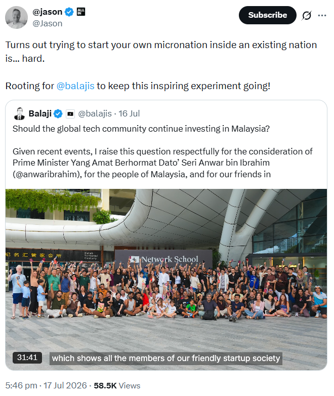 Iqtodabal's tweet photo. So it's true? That the Network School is actively undermining Malaysian sovereignty by attempting to start a "micronation" within our borders? https://t.co/7feiVMrds6
