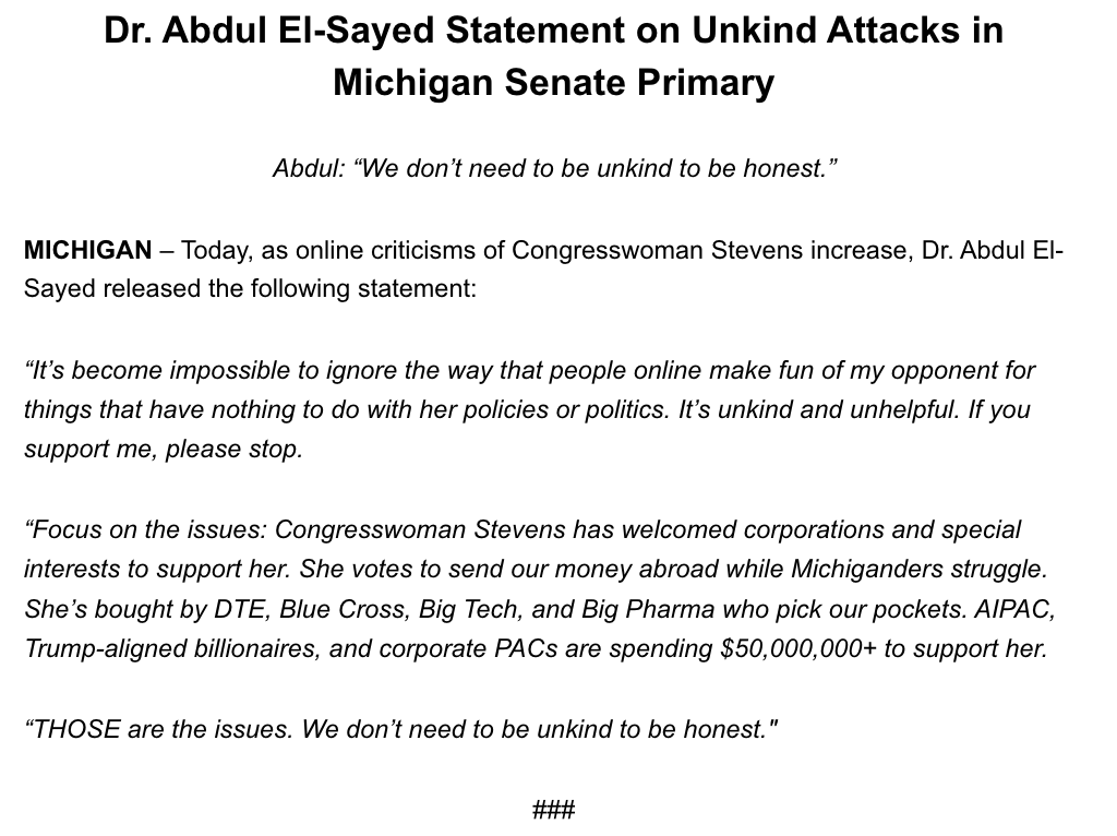 samueljrob's tweet photo. Abdul El-Sayed is encouraging his supporters to stop being unkind toward his opponent, U.S. Rep. Haley Stevens https://t.co/J5NTVWtc9M