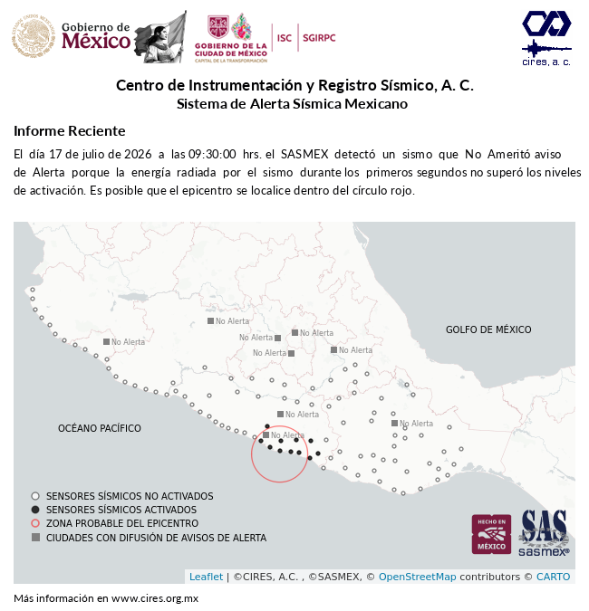 SASMEX's tweet photo. Informe preliminar del #Sismo detectado el 17-jul-26 a las 09:30:00 hrs. #TenemosSismo #LaPrevenciónEsNuestraFuerza https://t.co/T8UY10hXr1