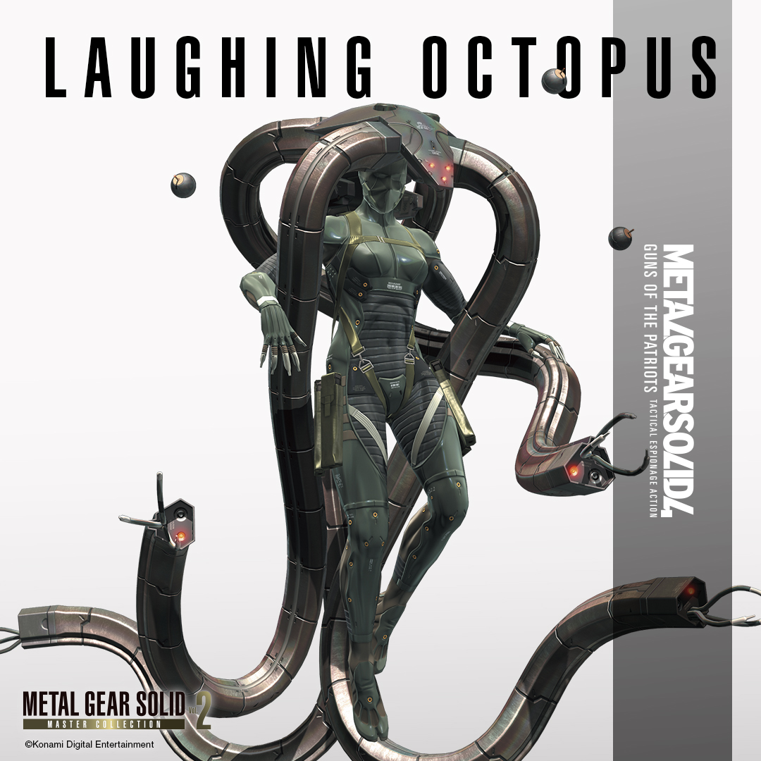 KONAMIFR's tweet photo. METAL GEAR SOLID 4: Guns of the Patriots
【Présentation du personnage】

—LAUGHING OCTOPUS—

Membre de B&B Corps (Beauty and the Beast Corps), elle peut se déguiser en objets. Experte dans l’art de poser des pièges, elle contrôle avec une grande précision quatre tentacules (bras manipulateurs) déployés depuis sa combinaison.

#MGSVol2
#MetalGearSolid