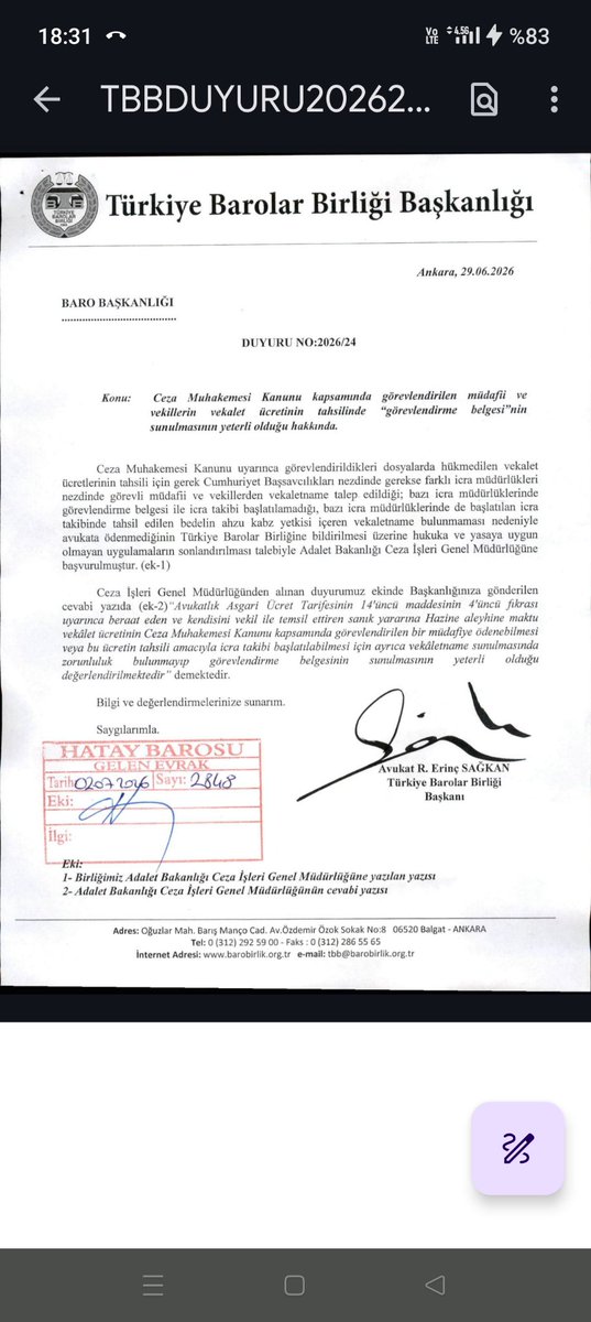 insan_hukuk's tweet photo. CMK kapsamında görevlendirilen müdafi ve vekillerin hükmedilen vekâlet ücretlerinin tahsili ile icra takibi işlemlerinde, görevlendirme belgesinin sunulması yeterli olup ayrıca vekâletname ibraz edilmesine gerek bulunmamaktadır.

Türkiye Barolar Birliği'nin konuya ilişkin duyurusu ektedir;