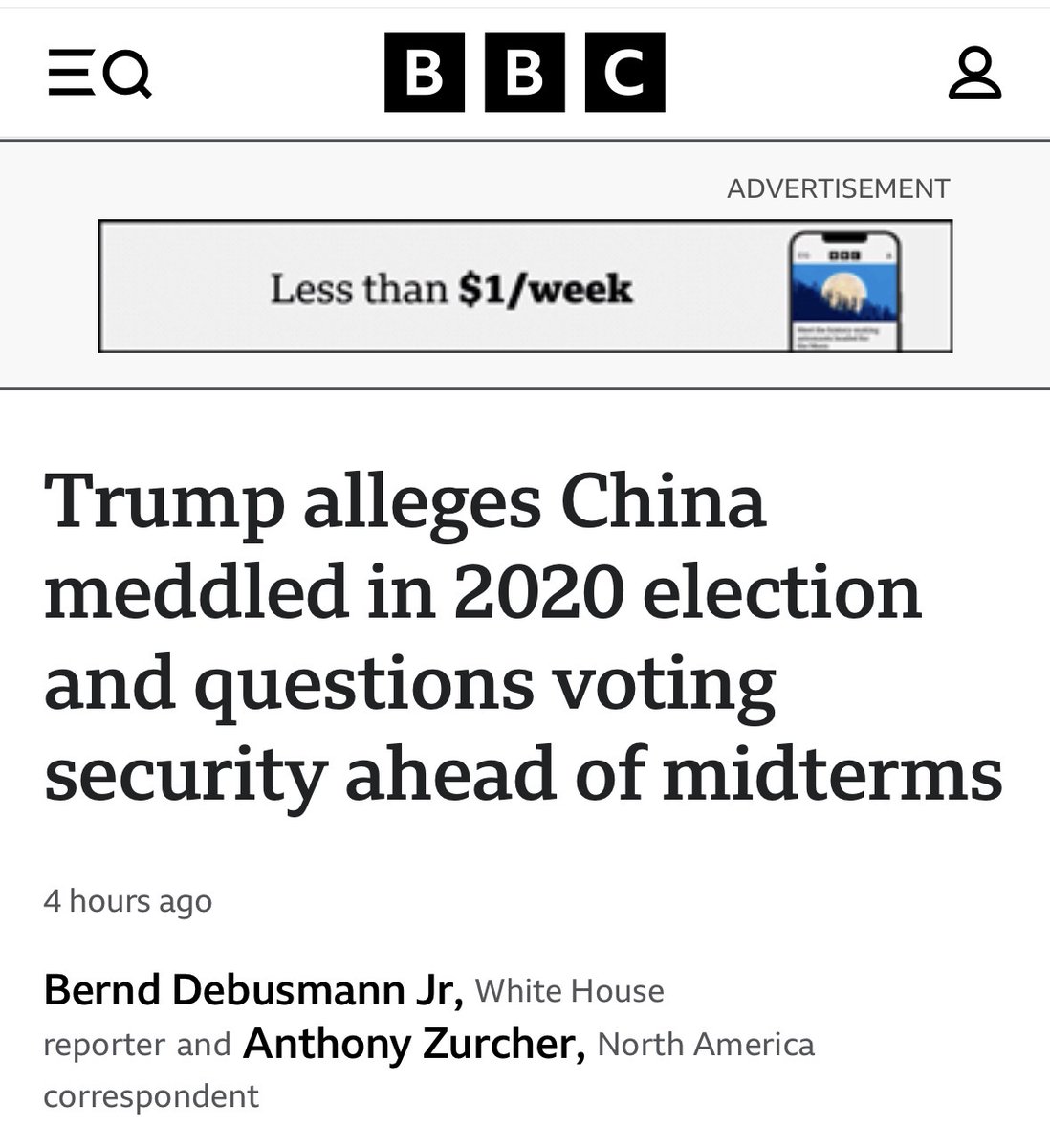FreeSpeechAmer's tweet photo. The Google News protection racket is in full swing after Trump's national address in which he discussed how China interfered in the 2020 election. 

Trump dropped a bombshell: the US intelligence community knew China had interfered in the 2020 election, but then scrubbed their assessments to keep the President and Congress in the dark.

Google News not only buried the lede; it perpetuated the lie perpetrated by bad actors at the CIA and FBI.

Google's stories this morning repeated and extended the fabricated intel assessments that Trump exposed, promoting 4 stories (2 from foreign, disgraced outlets, and 2 from radicals American outlets)

BBC: "The US intelligence community has previously concluded China did not interfere in the 2020 election."

NYT: "Documents released by the Trump administration to support the president's claims do not back up his most aggressive statements." Then deep in the article is this tortured qualification, "It is true that the documents show an intense debate among intelligence officials about alerting their superiors."

German Media: "the official view of the US intelligence community ... is that there were 'no indications that any foreign actor attempted to alter any technical aspect of the voting process"

CNN: "We'll be monitoring what the president says tonight ... but aren't taking it live, given that the president has a well-documented history of saying blatantly false things about elections."