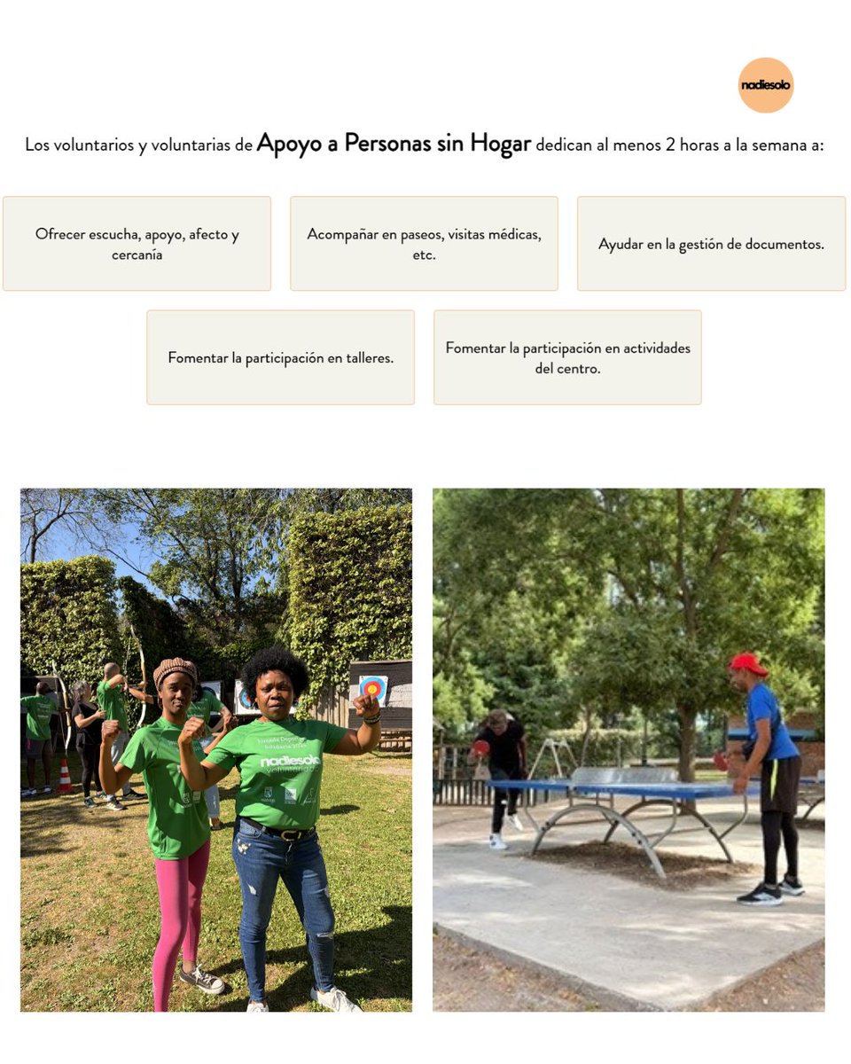 nadiesolovolunt's tweet photo. Hacer deporte, preparar un currículum o tener una sencilla charla son algunas de las actividades que hacemos en los programas de voluntariado de #ApoyoAPersonasSinHogar 💛
👉 https://t.co/khq3TgOH7O empieza a hacer voluntariado con nosotros
#VoluntariadoMadrid #Nadiesolo #PSH https://t.co/y9xmiWPhiD